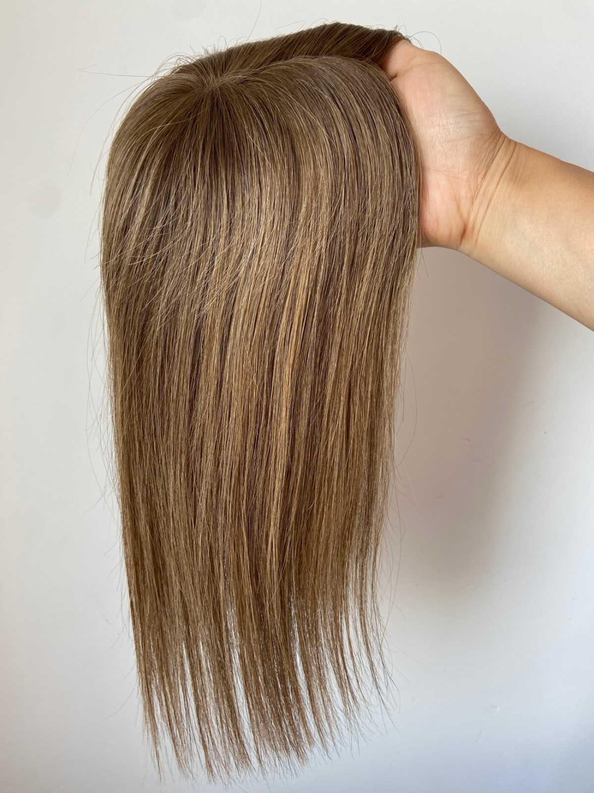 100% HUMAN RUSSIAN HAIR TOPPER MONO 5″X5″ BASE 14″ BROWN FREE PARTING HIGHLIGHTS
