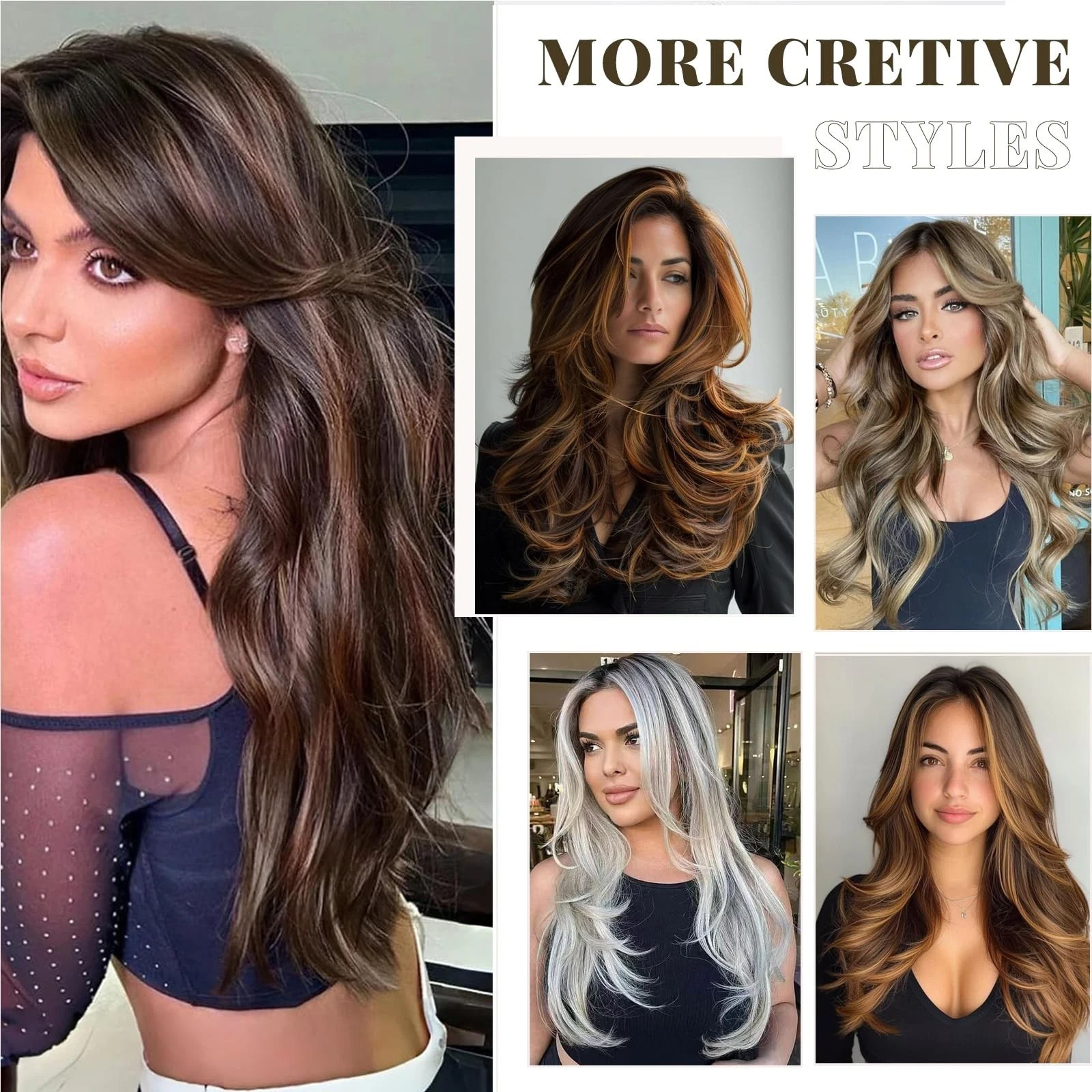 Ombre Brown Highlight Layered Wavy Wigs with Curtain Bangs for Black White Wo