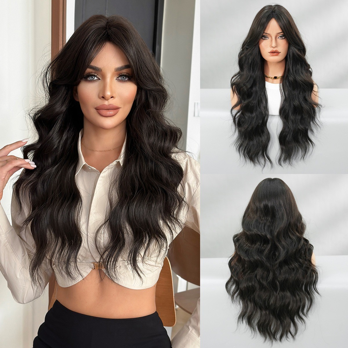 Bronze-golden long curly hair full head cover made of synthetic fiber with waves
