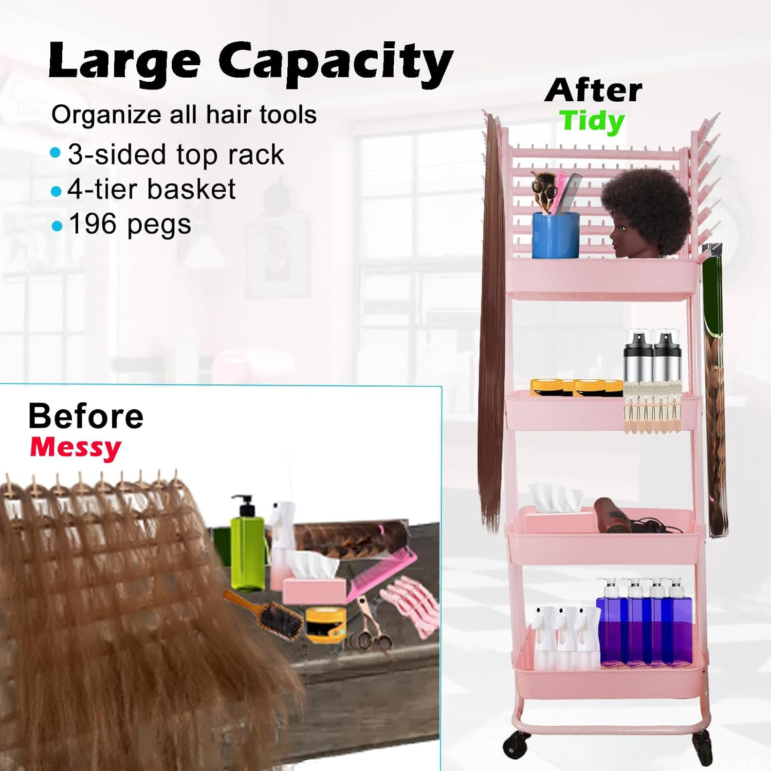 Braiding Hair Rack with 196 Pegs, Hair Extension Holder with 4 Tiers Storage Car