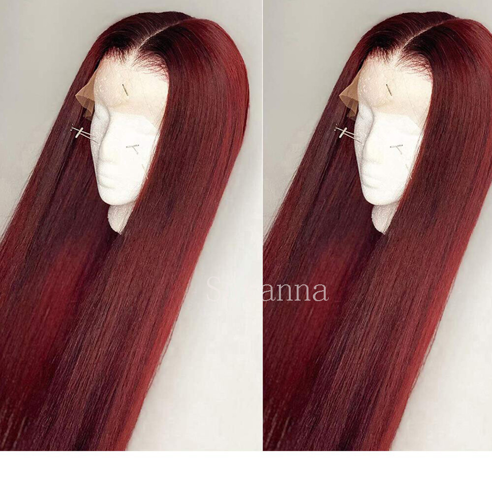 Women Ombre Red Lace Front Human Hair Wigs Pre Plucked Natural Straight Glueless