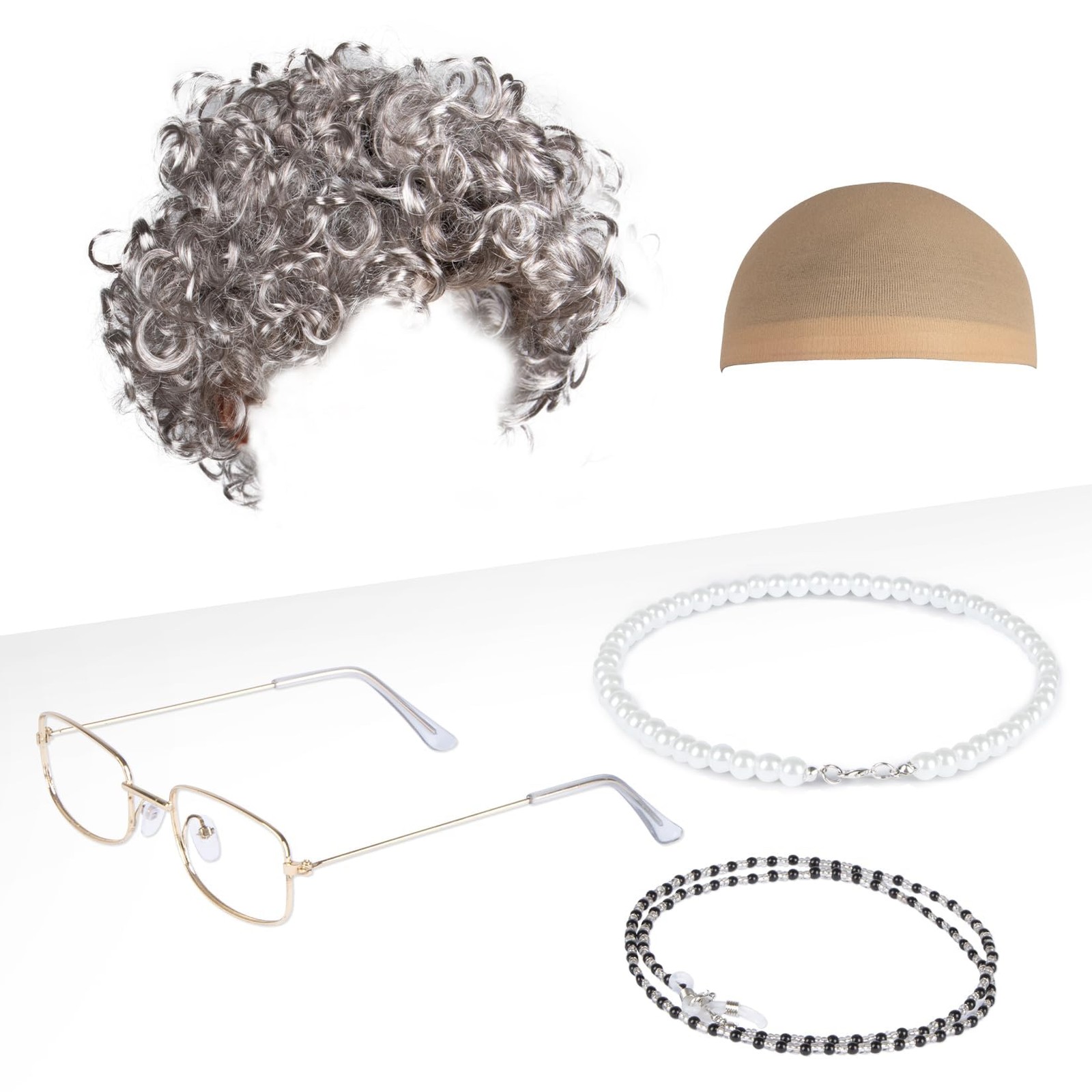 Granny Wig Old Lady Costume Set Elderly Woman Accessories Fun Wigs Light Gray