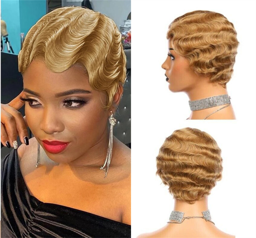 Short Pixie Cut Ocean Wave Brazilian Human Hair Wigs Finger Wave Brown No Lace