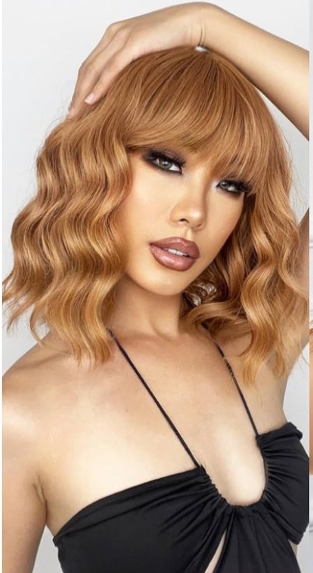 Honey Blonde Wavy Bob Wig with Bangs 12” Soft Glam Full Ready to Wear Synthetic