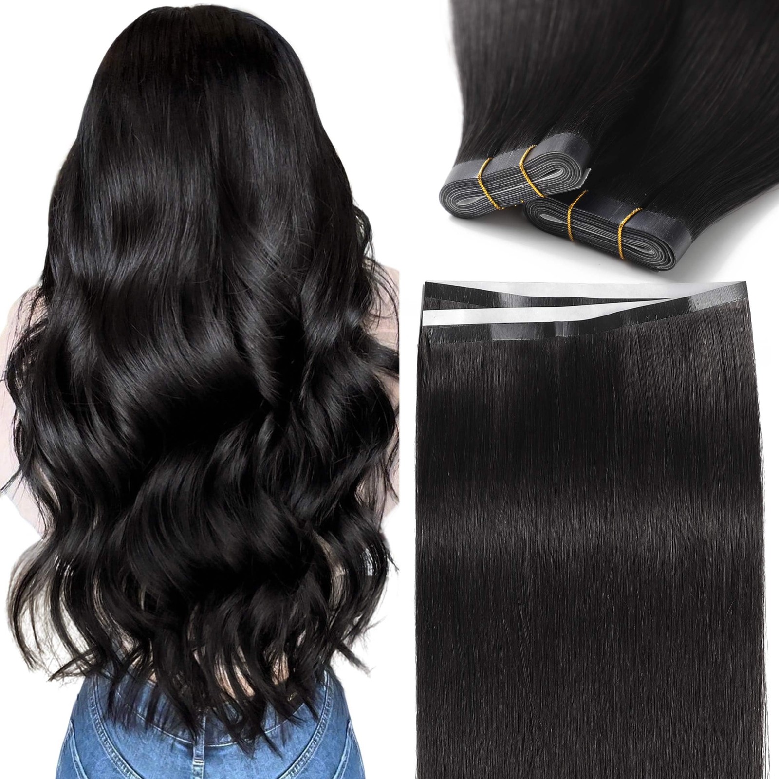 Caliee Black Tape In Hair Extensions Human Hair 20 Inch Reusable Wide Tape In