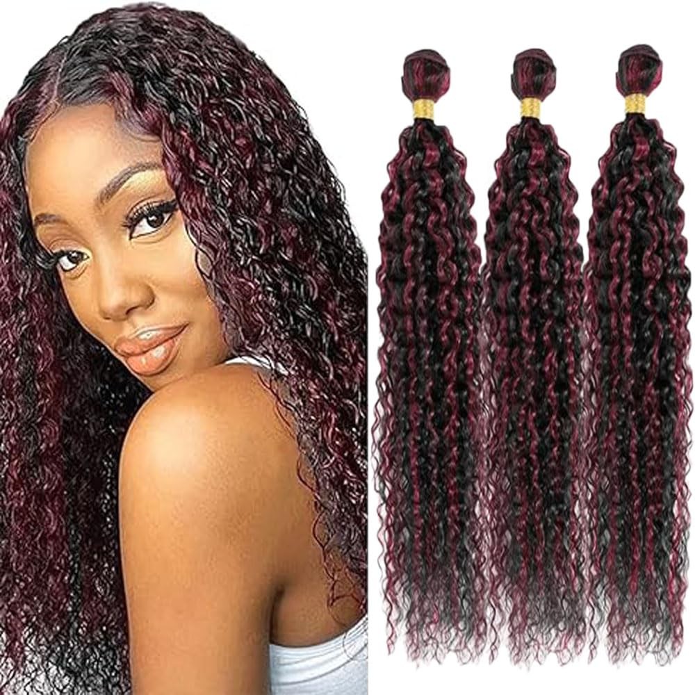 Bafamiya P1B/99J Burgundy Bundles Human Hair 16 18 20 Inch Curly Bundle P1B/99J