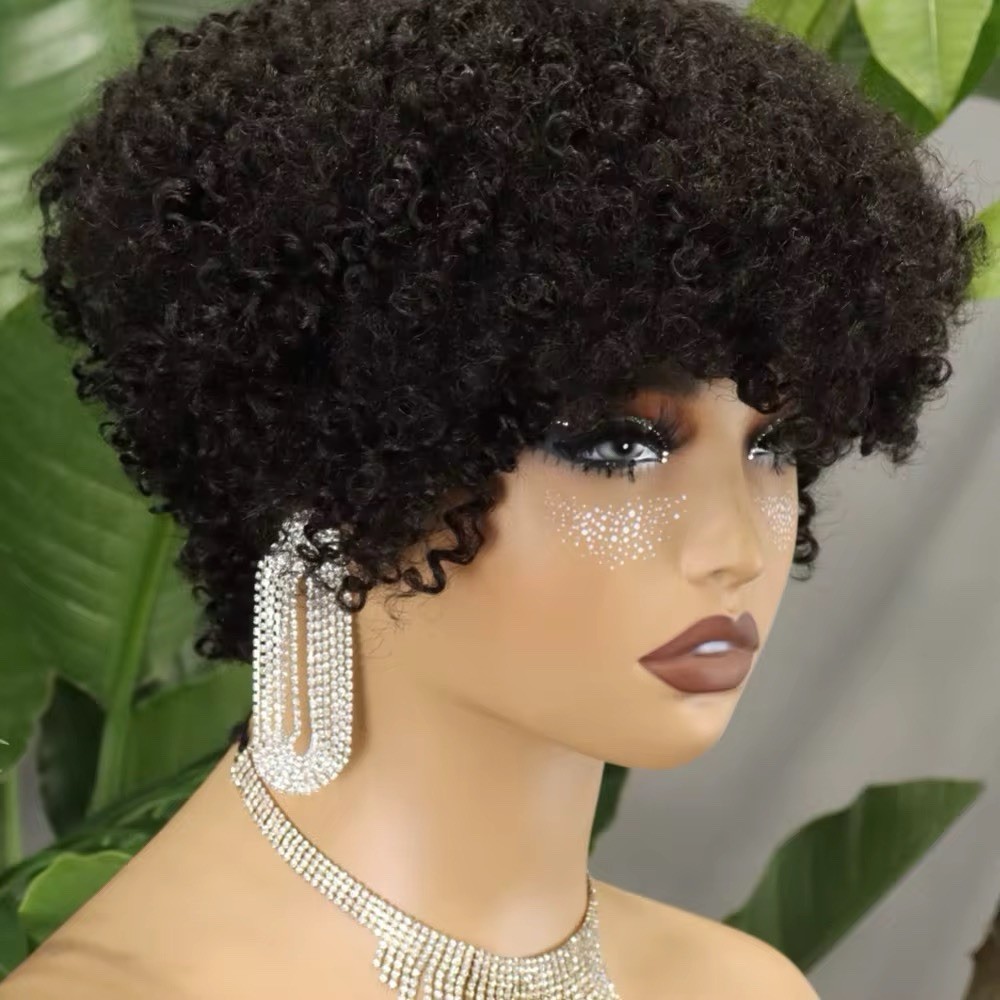 Short Afro Curly Black Color Pixie Cut human hair Wig for African American Women