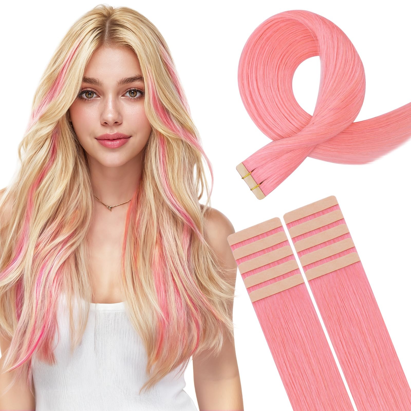 HOTBANANA 14″ Peach Pink Remy Human Hair Tape-In Extensions 10pcs 25g
