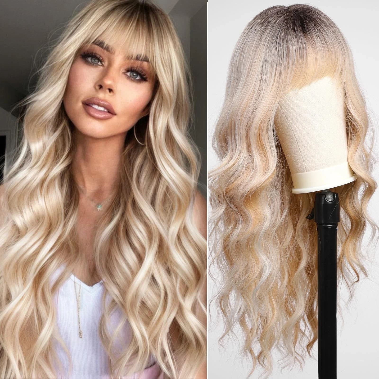 Ombre Blonde Wigs with Bangs,Long Curly Wig for Women,Blonde Long Wavy Wig Synth