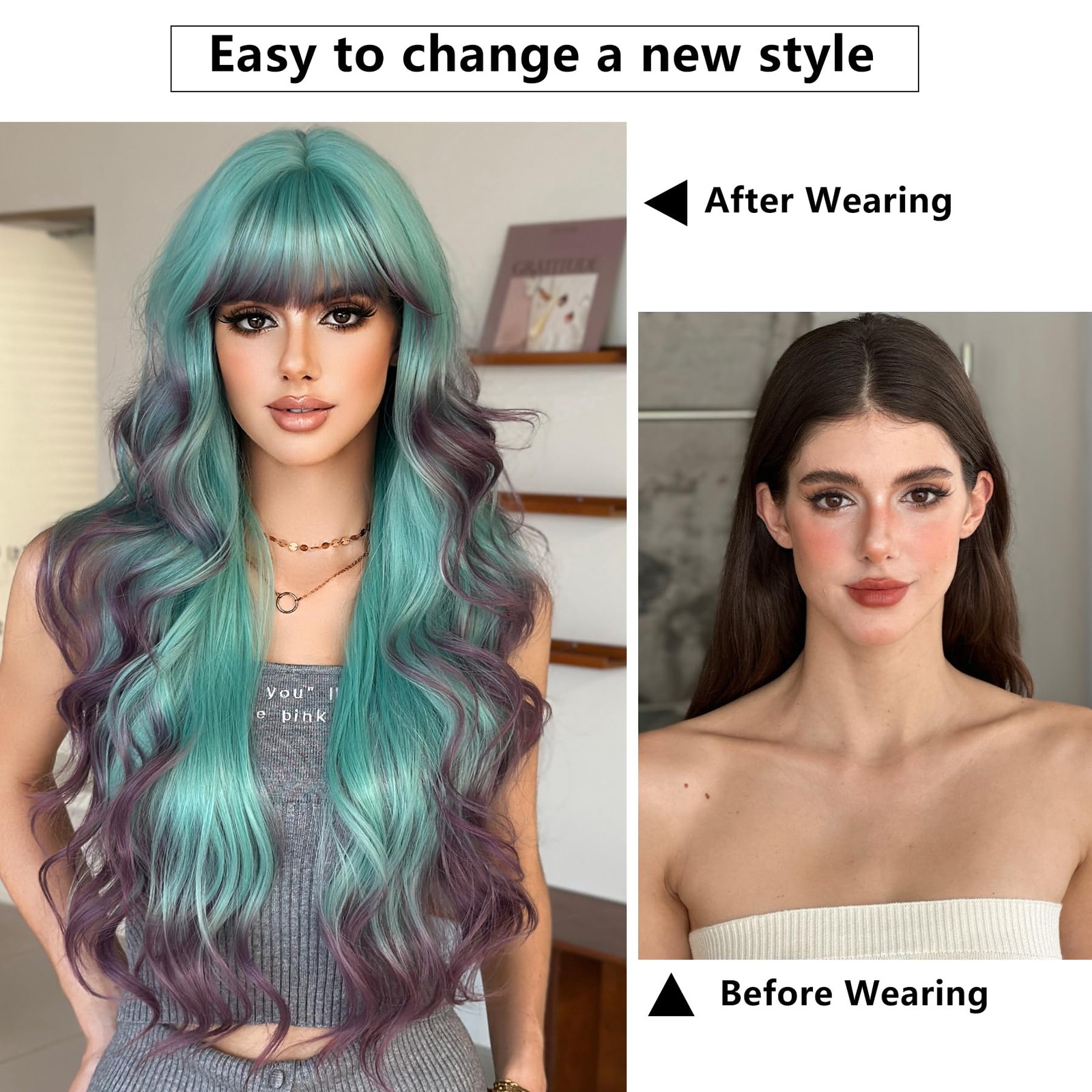 31in Turquoise Long Wavy Bangs Purple Highlight Wigs Mixed Light Green Ombre …