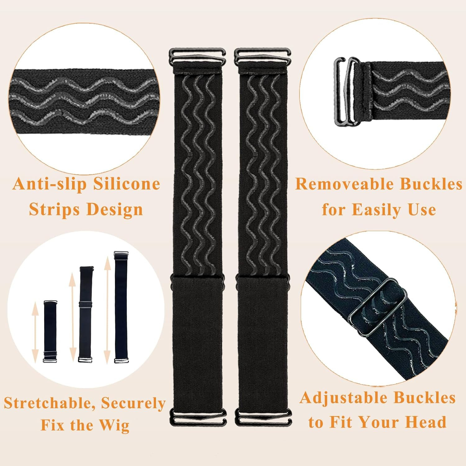 2Pcs Adjustable Elastic Wig Band with Non-Slip Silicone Strips & Removable Buckl