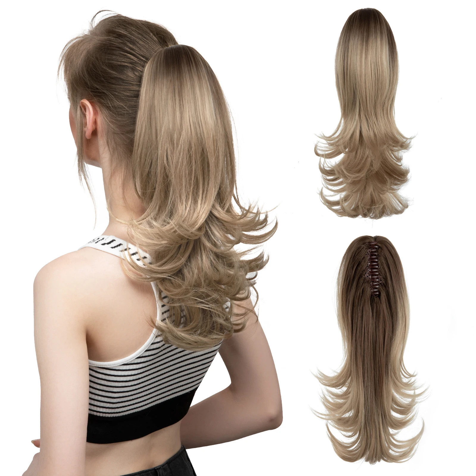 14 Inch Synthetic Claw Clip Ponytail Extensions Wavy Blonde Black Hair