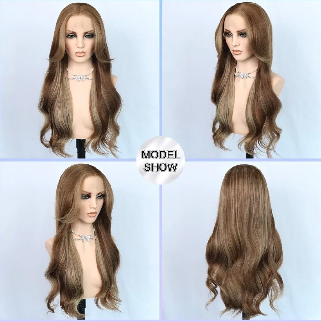 HD Lace Front Wig Human Hair Blend Highlights Straight Honey BROWN Blonde