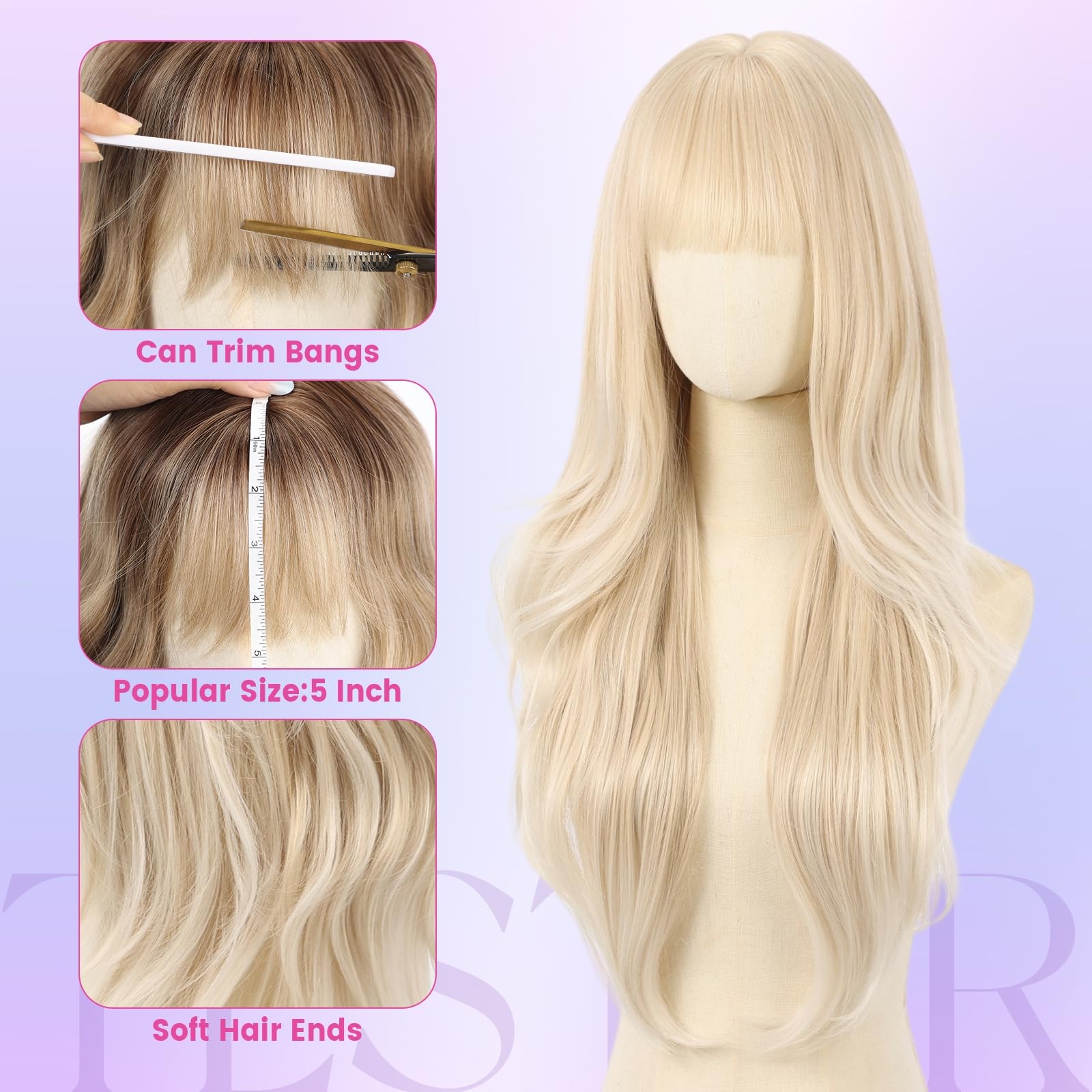 Blonde Long Wavy Wig with Bangs for Women Natural Synthetic Layered Heat Resi…