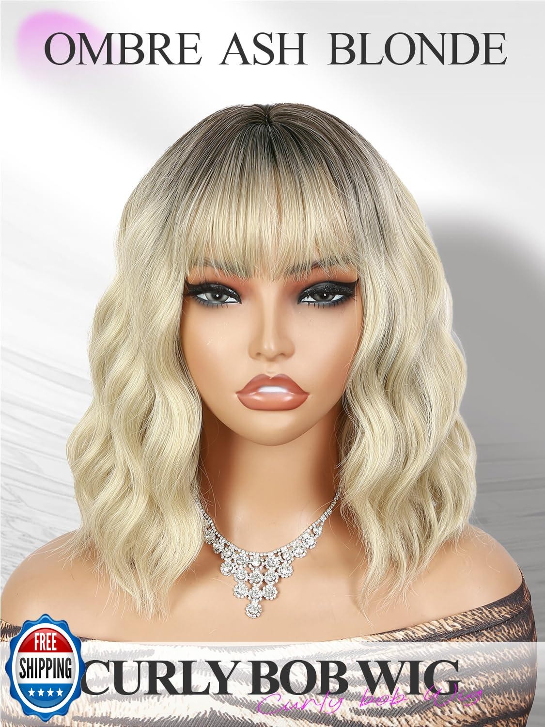 WIGER Short Ombre Ash Blonde Wave Hair with Bangs Synthetic Bob Curly Wigs Di