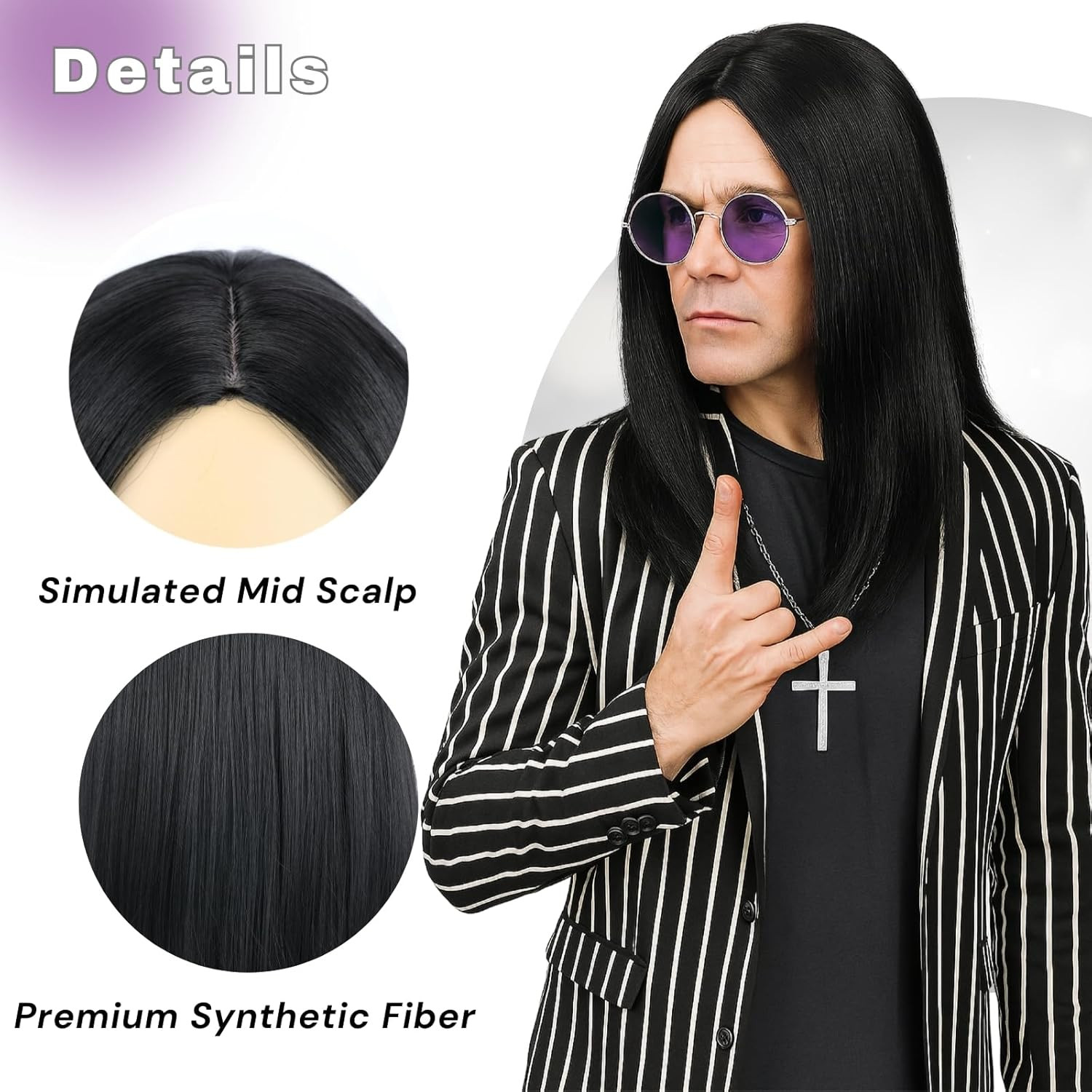 Morvally Long Black Straight 80S Heavy Metal Rocker Wig for Men – Center Parting