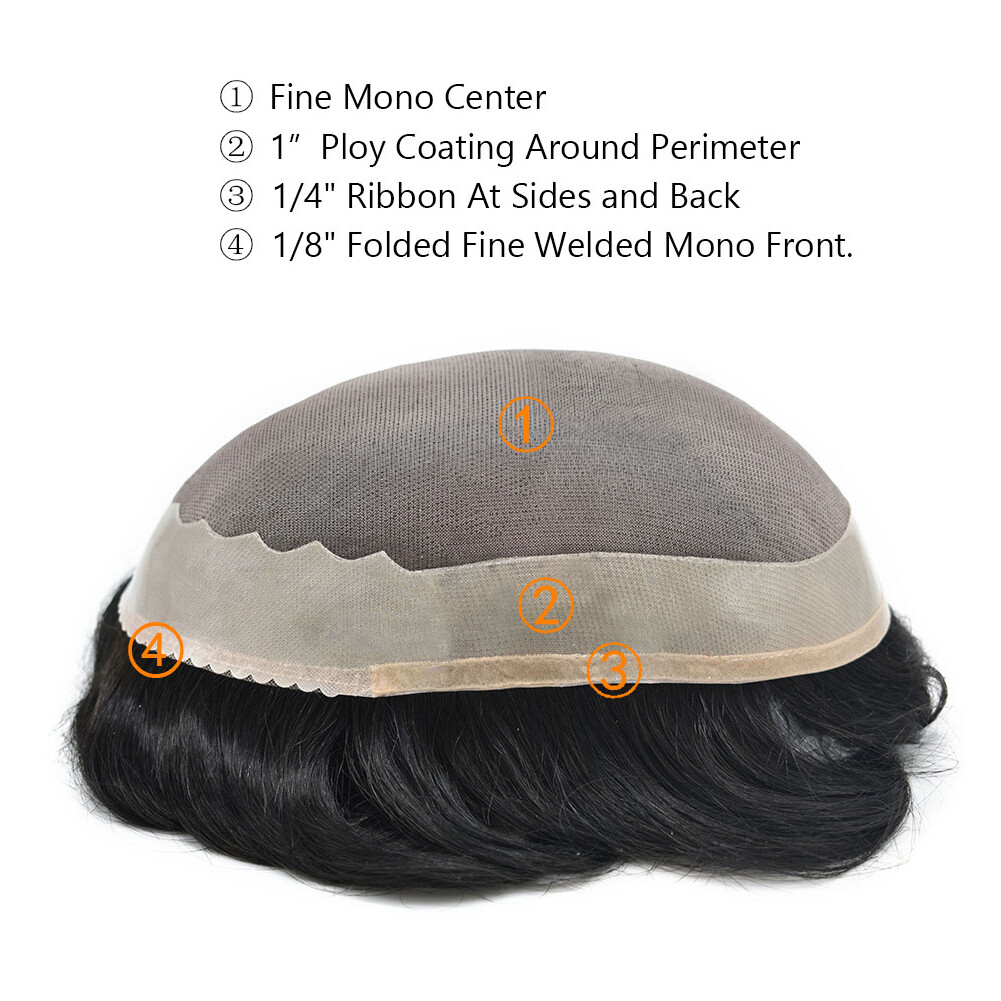 Durable Men Hair Replacements Fine Mono Lace Toupee Hairpiece Poly Hair System