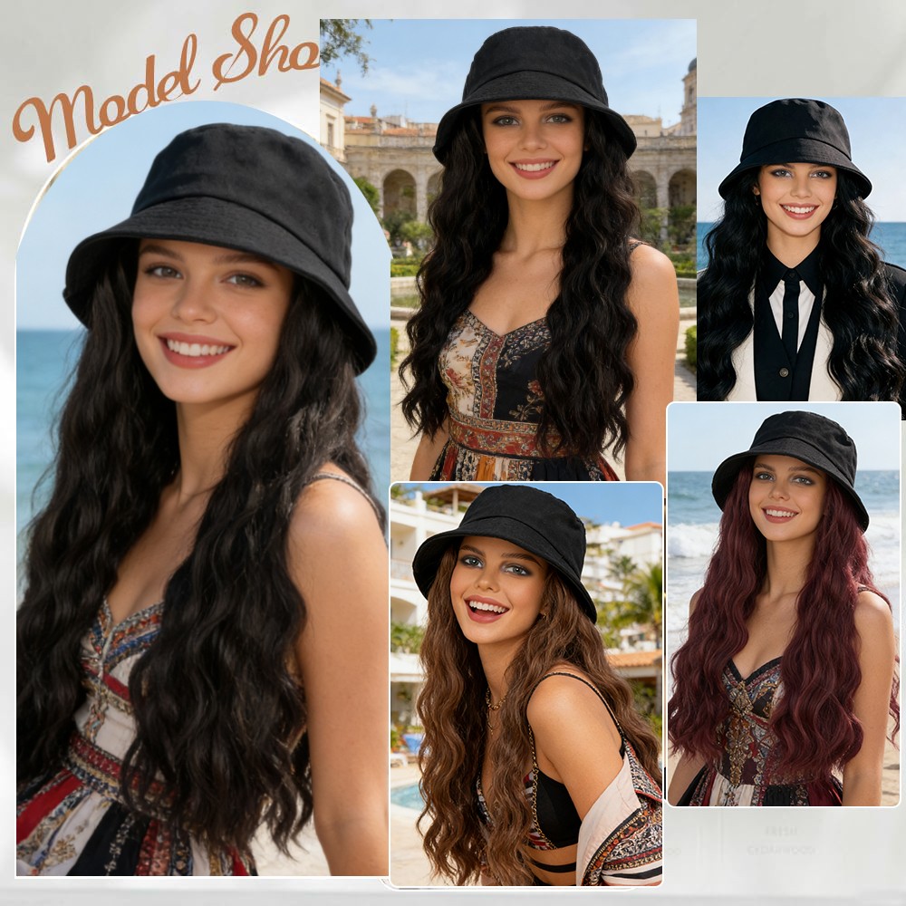 Bucket Hat Wig Black Newsboy Cap With Long Wavy Hairpiece 18″ Natural Hair Women