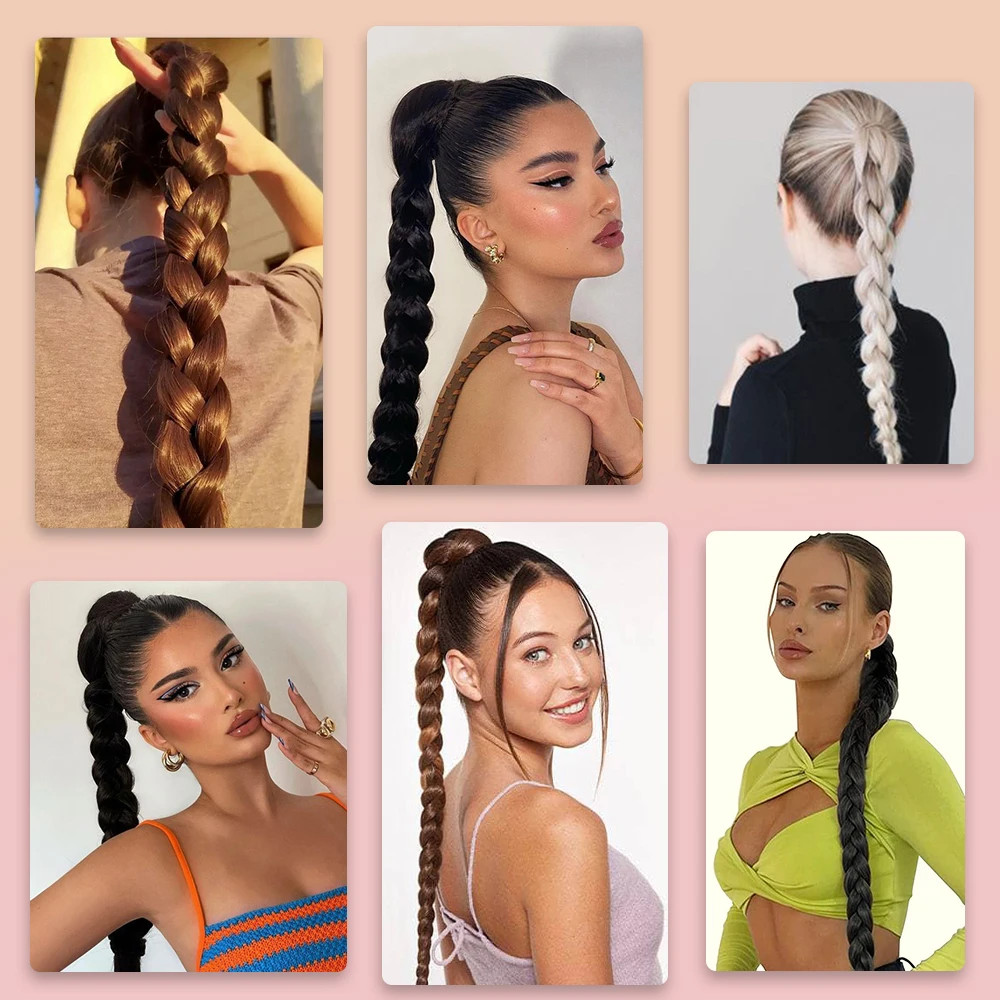 Synthetic Braided Ponytail Hair Extensions Natural Long Black Blonde Hairpiece