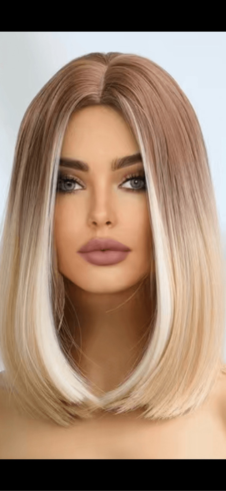 Blonde and beige highlighted 16 inch Shoulder length straight bob with middle pa