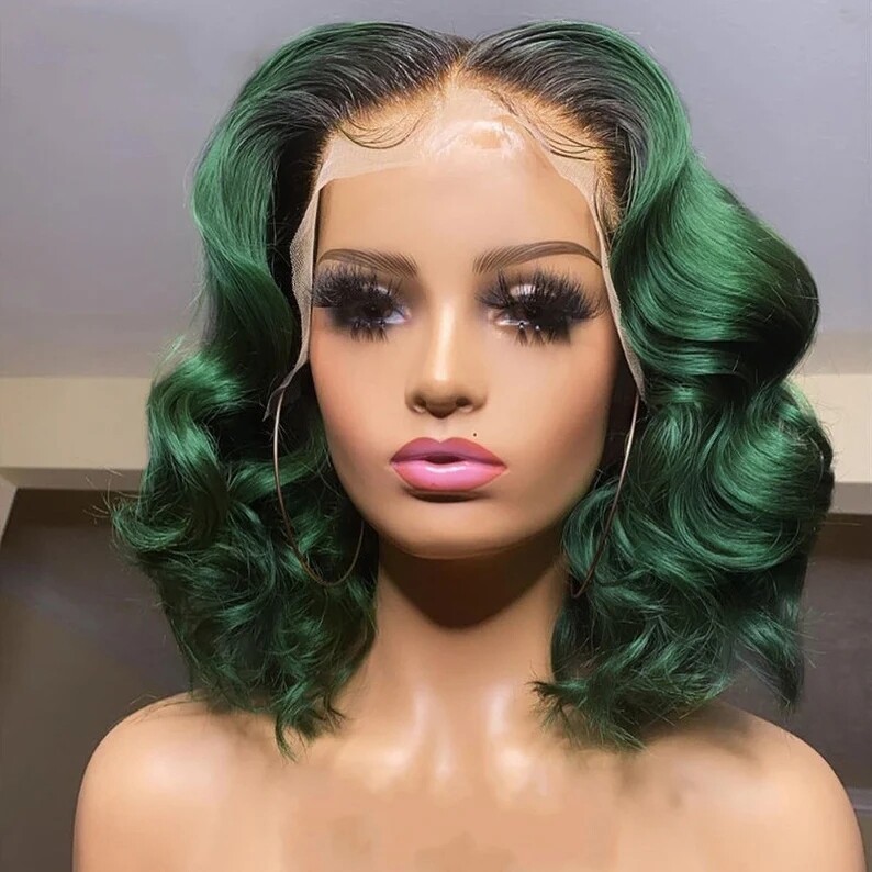 Women Short Green Wavy Wig Ombre Green Bob Wig TLace Front Wig Glueless Full Wig