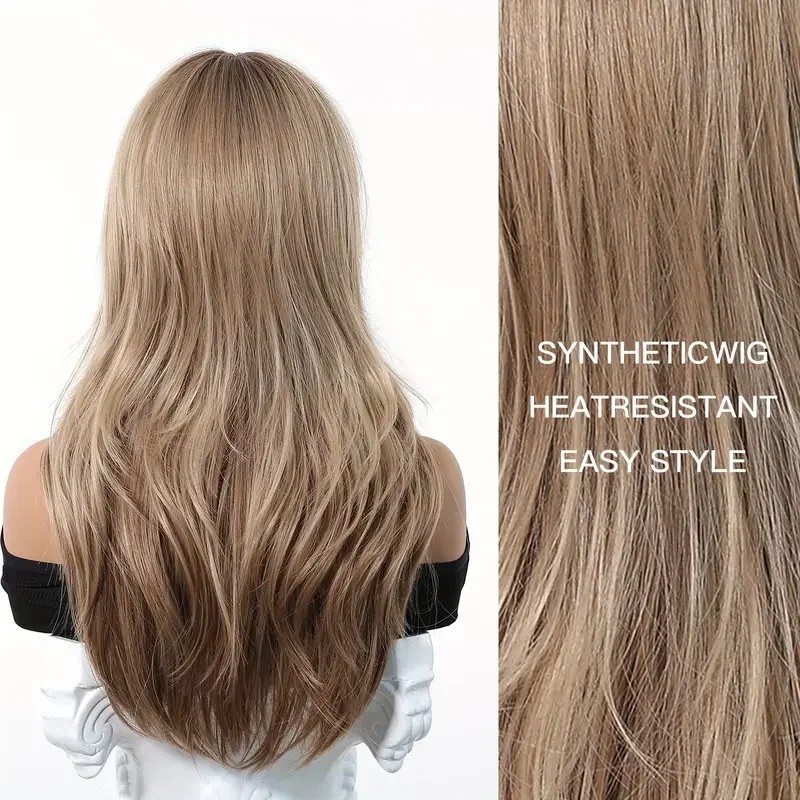 24″ Honey Brown Loose Wavy Wig with Side Bangs Synthetic Heat Resistant Natural