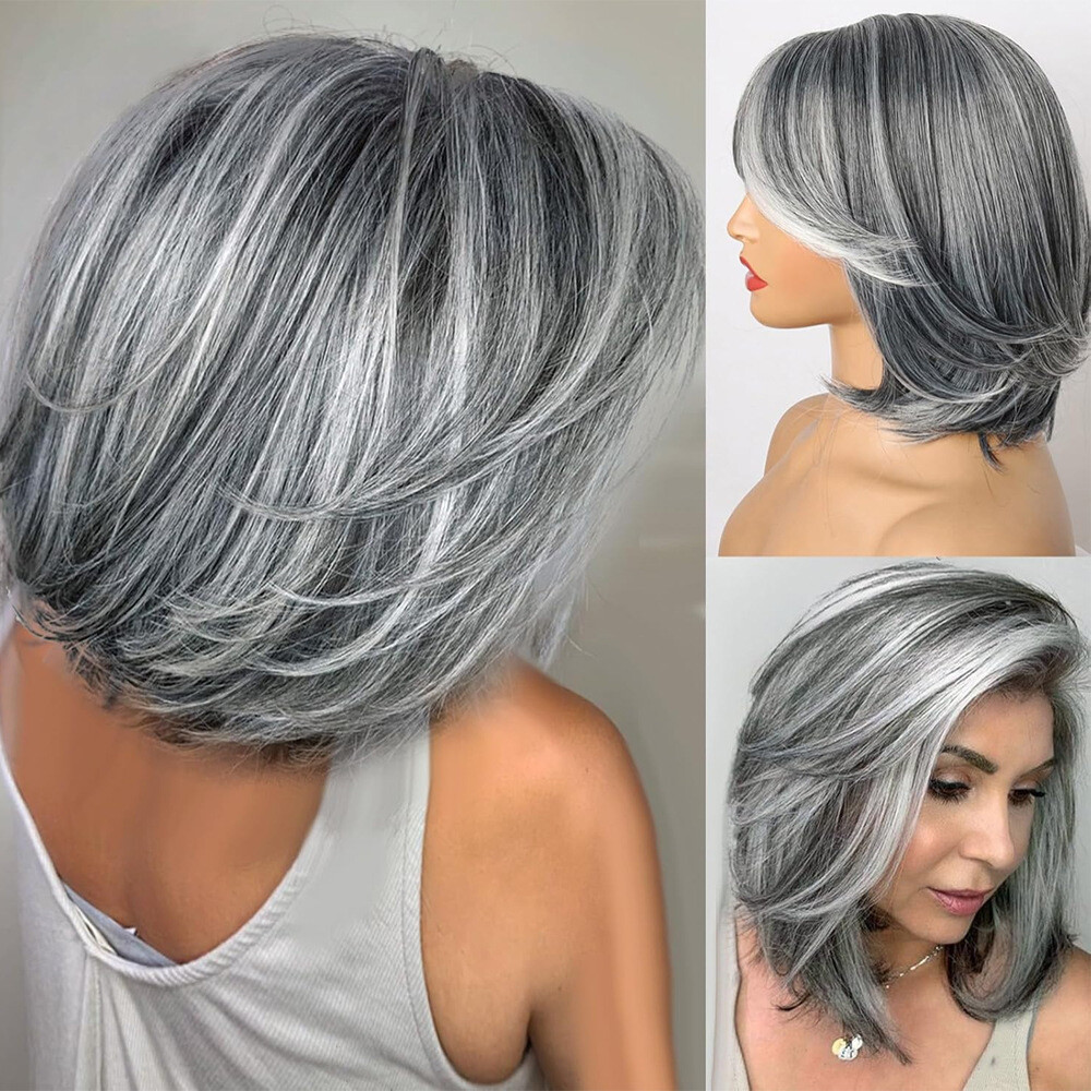 Short Bob Gray with Silver Gray Mixed Wigs 100% Human Hair Lace Front Wigs