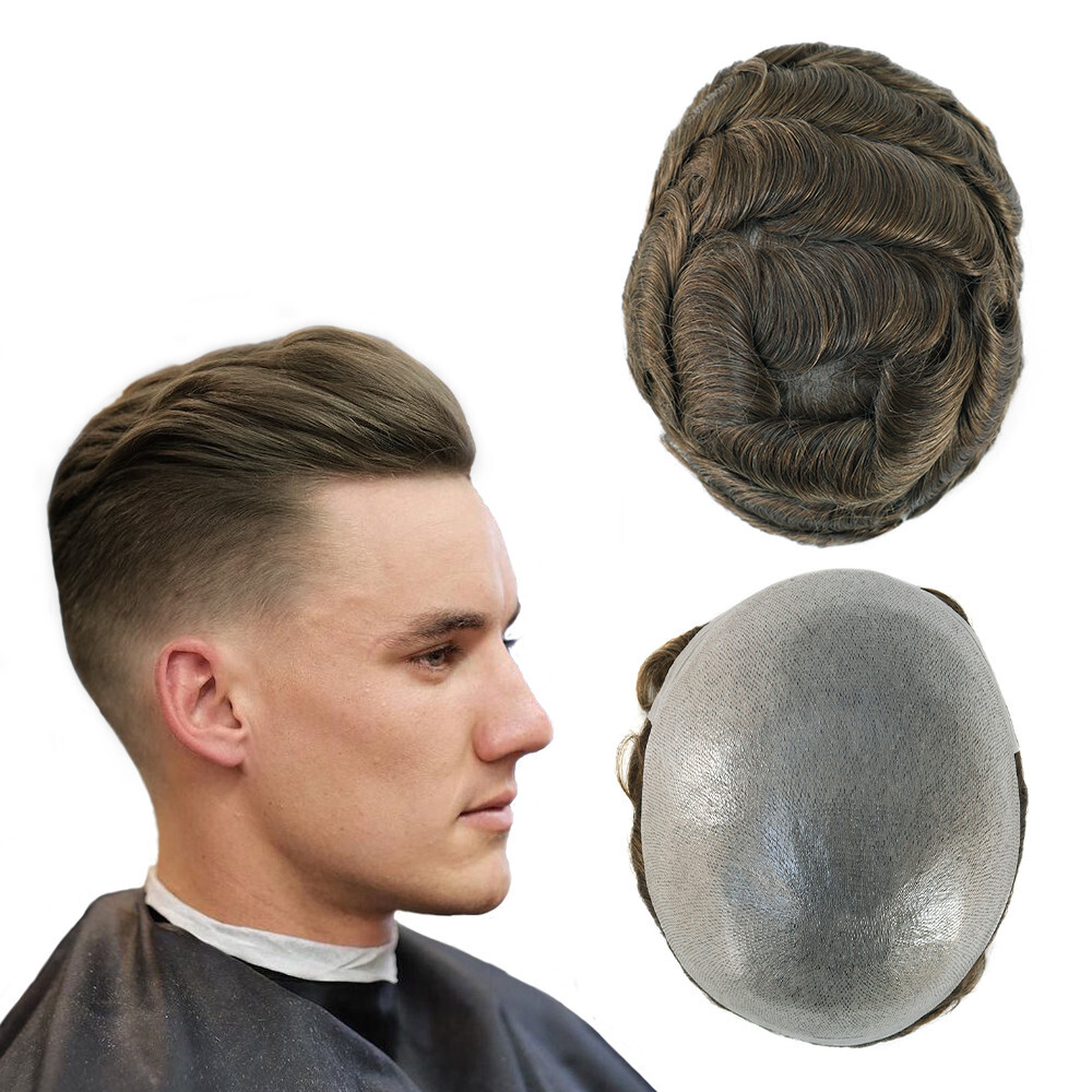 Super Mens Toupee Human Hair System 0.03mm Thin Skin Light Brown Hairpieces #7