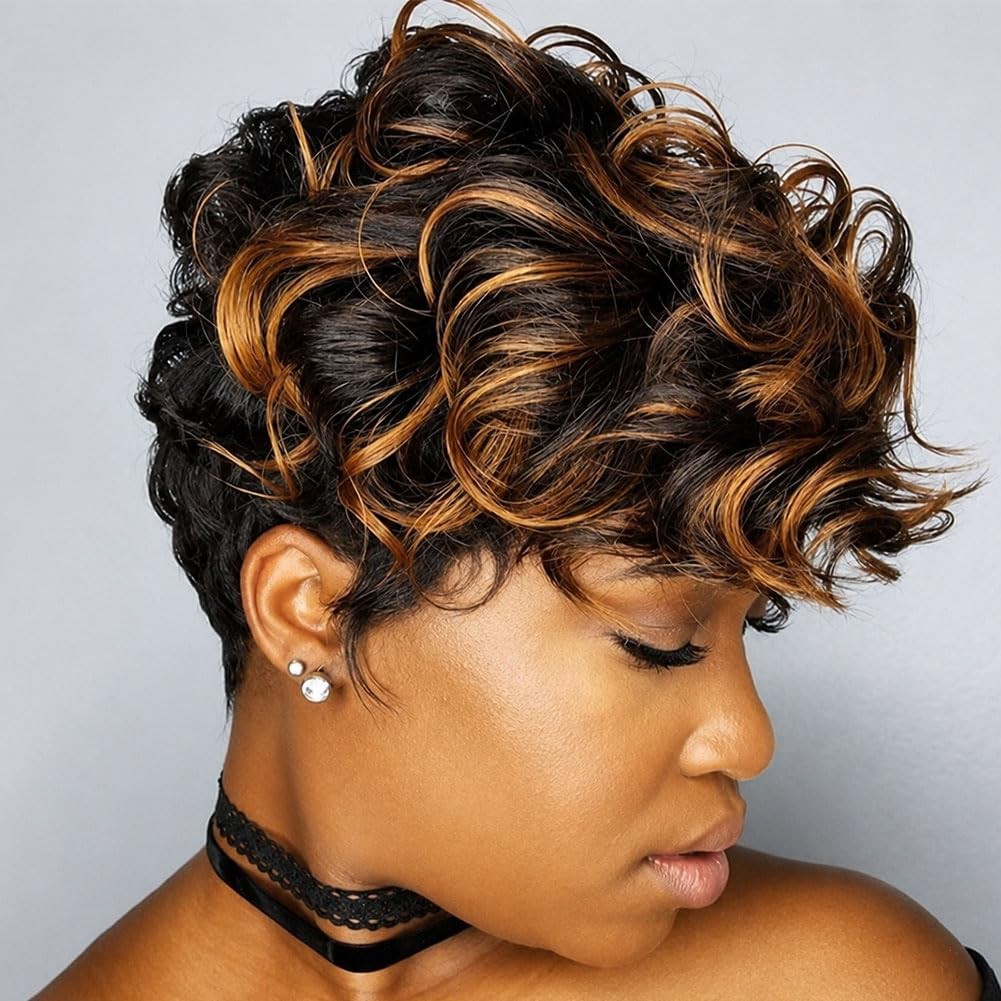 6″ Short Pixie Wigs Black Women Short Black Curly Pixie Synthetic Hair Wigs