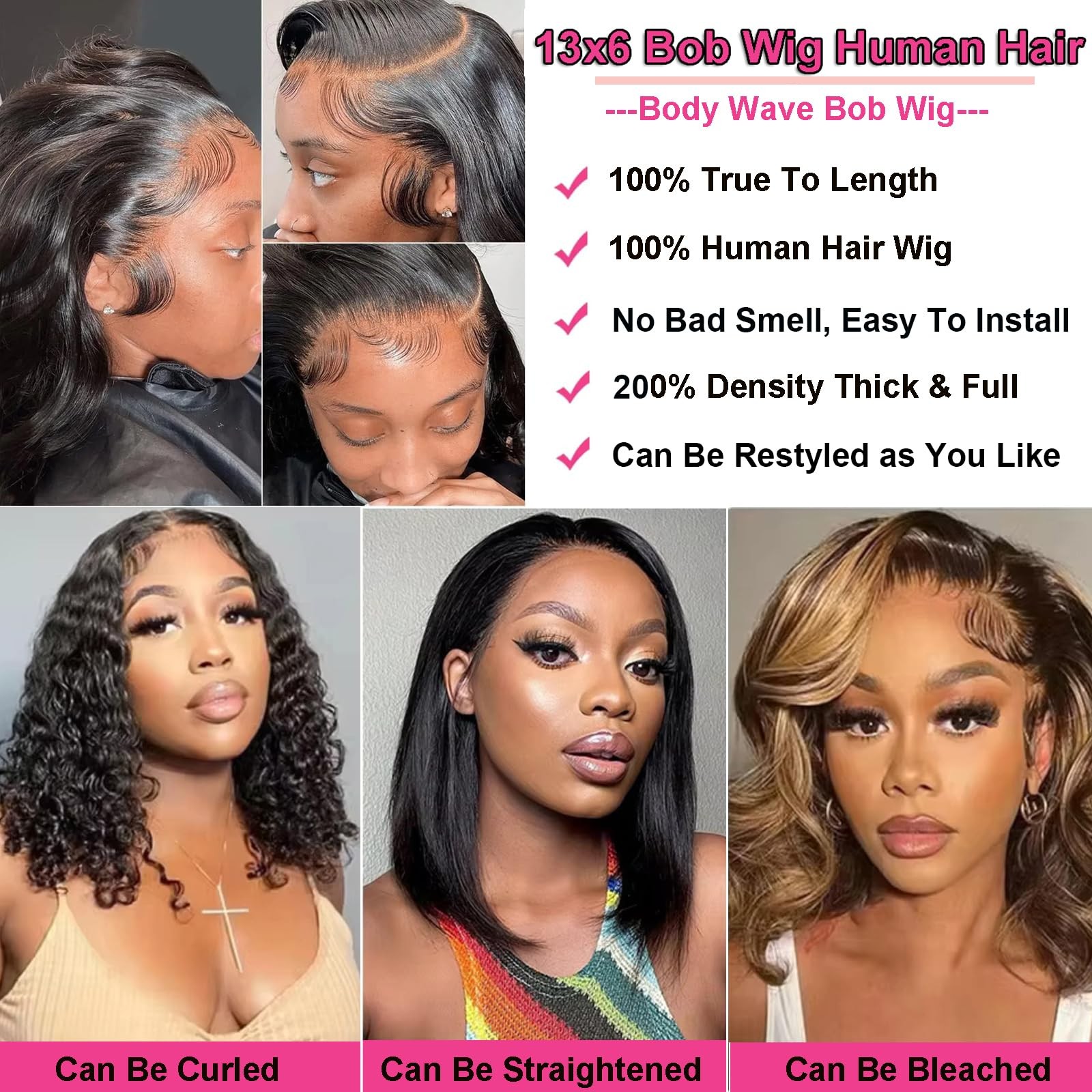 Uwlk Bob Wig Human Hair 13X6 Hd Lace Front Wigs Pre Plucked 200 Density Body