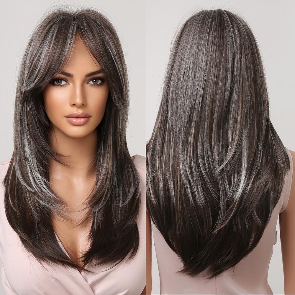 Heat Resistant Hair Long Straight Mixed Brown blonde Cosplay Wigs With Fringe