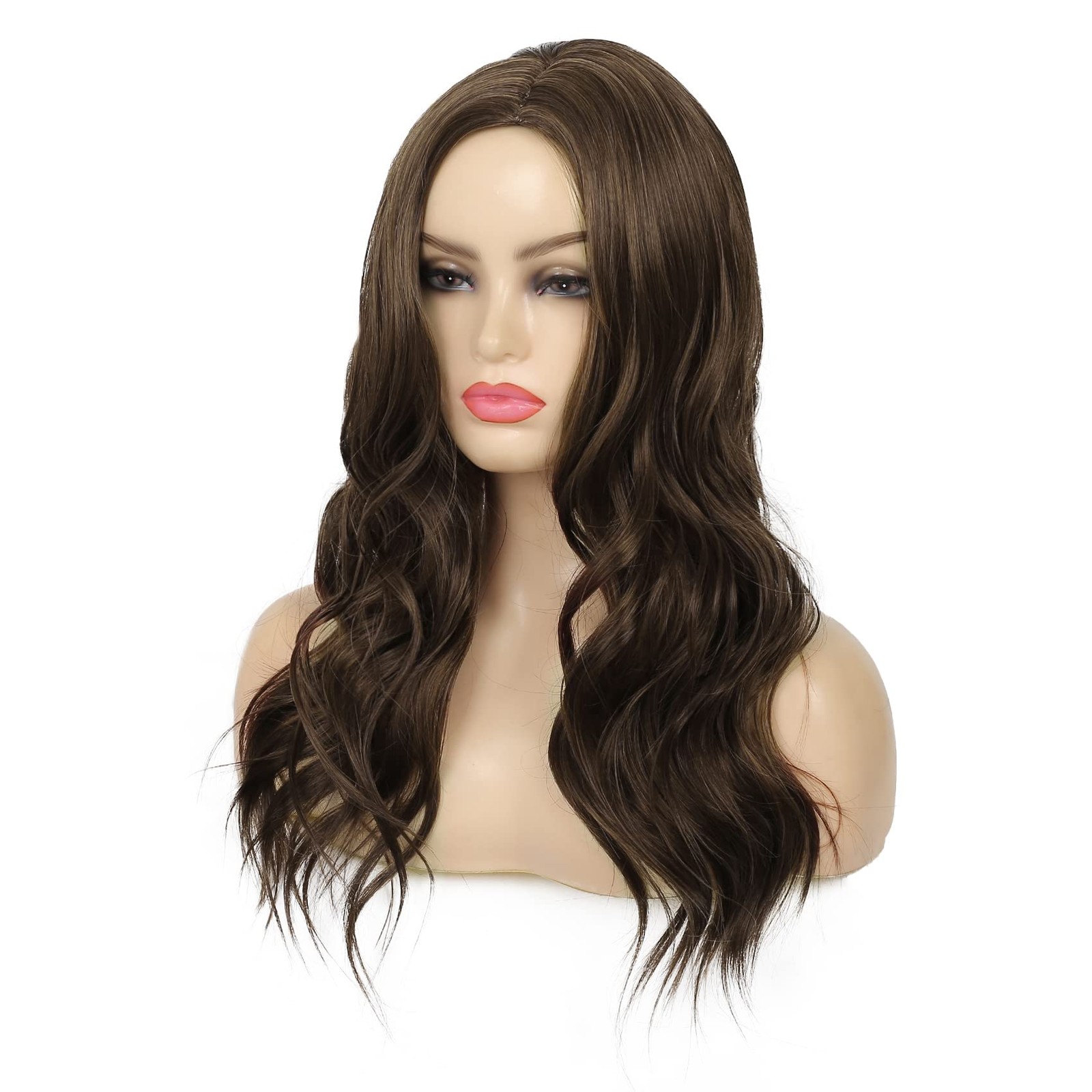 Long Curly Wavy Brown Wig for Women Middle Part Hair Replacement Wigs Synthet…