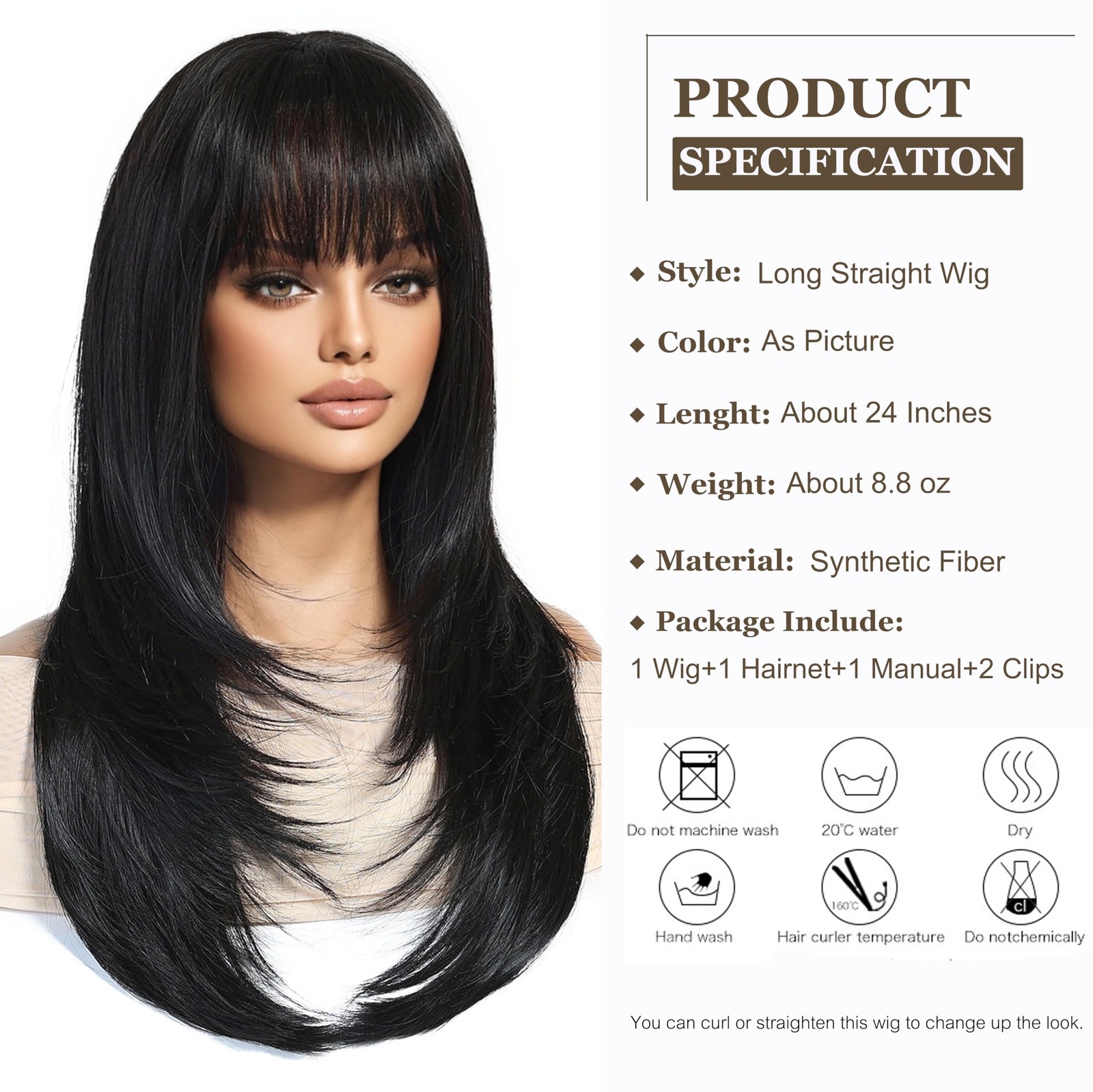 Long Straight Black Brown Wigs for Women with Fringe Natural Synthetic Hair W…