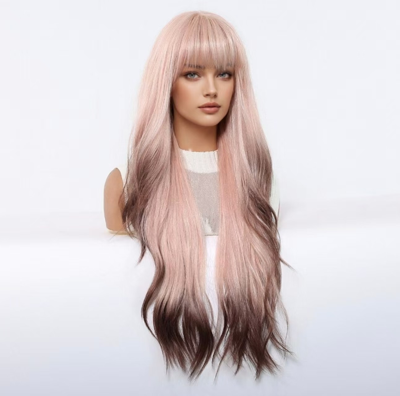Pink Wigs with Bangs for Women Girls Cosplay Party Long Wavy Natural Synthetic