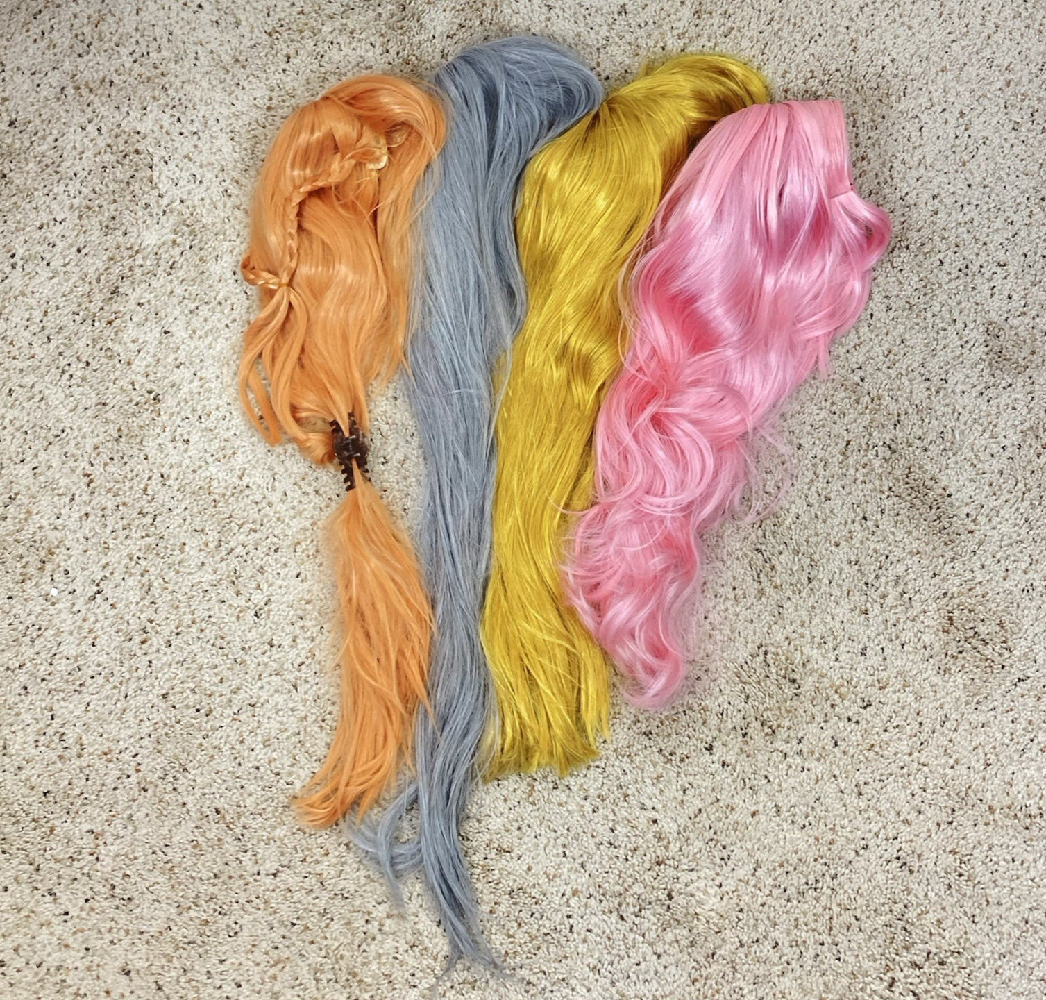 Cosplay Wigs, Set of 4 (Gold, Pink, Gray, Amber), Plus Stand (made by Dad)