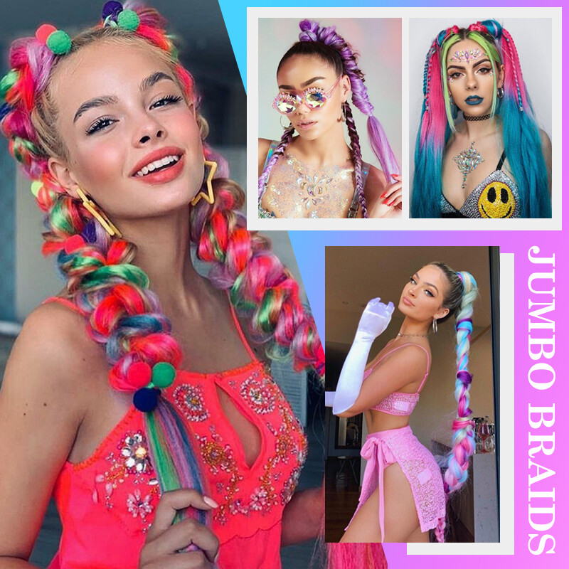 Crochet Box Braiding Long Jumbo Braid Hair Extensions Rainbow Festival Braided