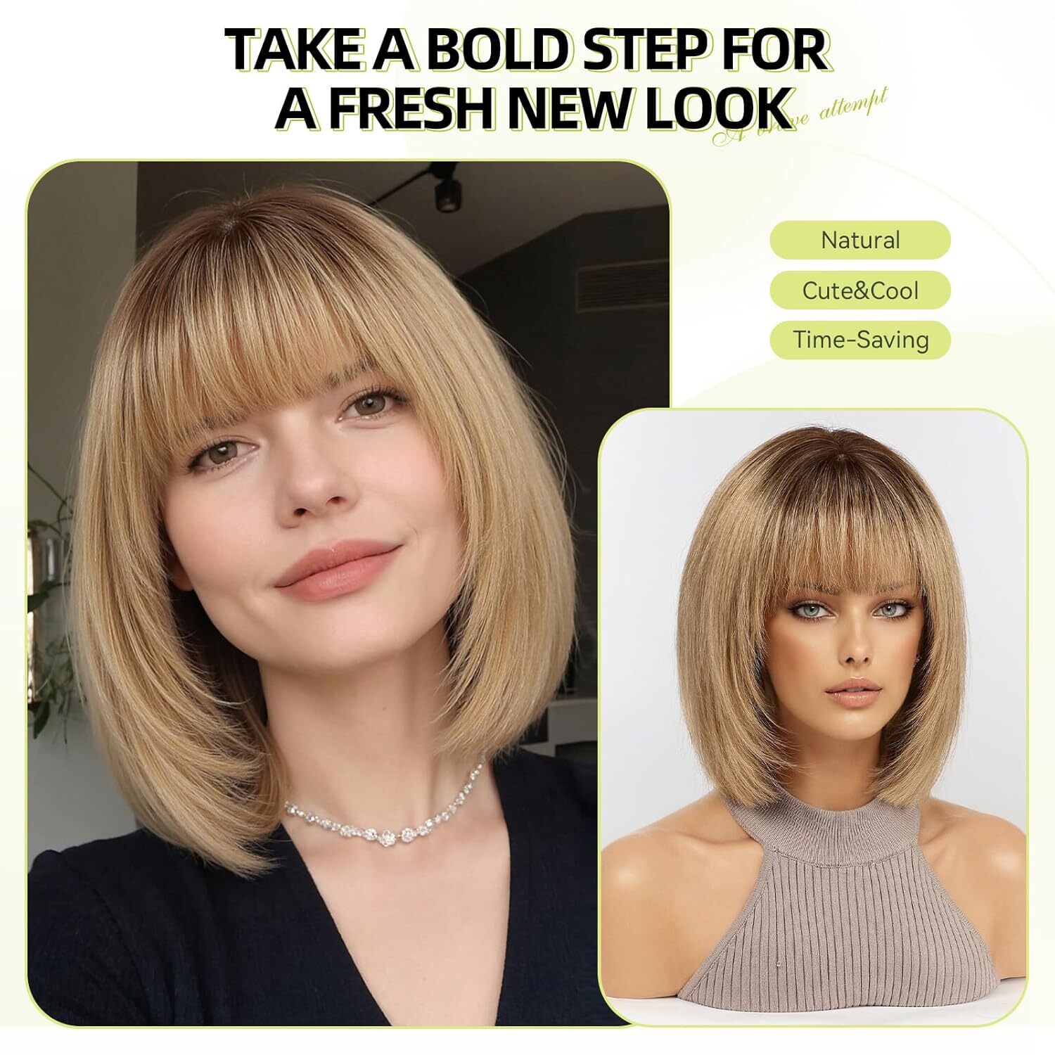 Ombre Ash Blonde Human Hair Wigs Dark Roots Bob Wigs for Women None Lace Wigs