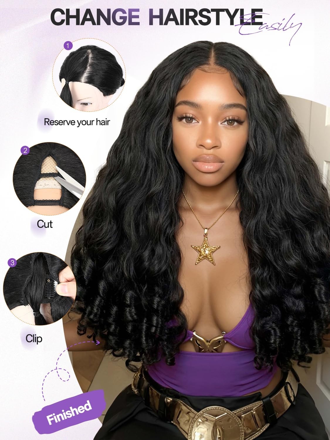 V Part Yaki Curly Wig 22 Inch Glueless Synthetic Half Wig for Black Women
