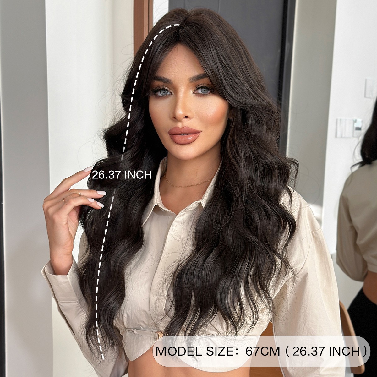 Natural Black Curly Wig with Side Part Bangs High Temperature Fiber Full Wig