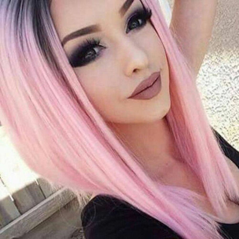 Women Girls Full Wigs Pink Short Straight Wig Synthetic Wig Bob Hair Cosplay Wig