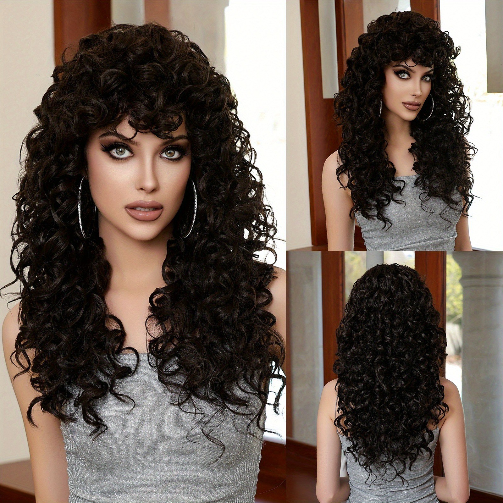 Black Brown Long Curly Wig w/Full Bangs Womens Synthetic Hair Wig Cosplay/Party