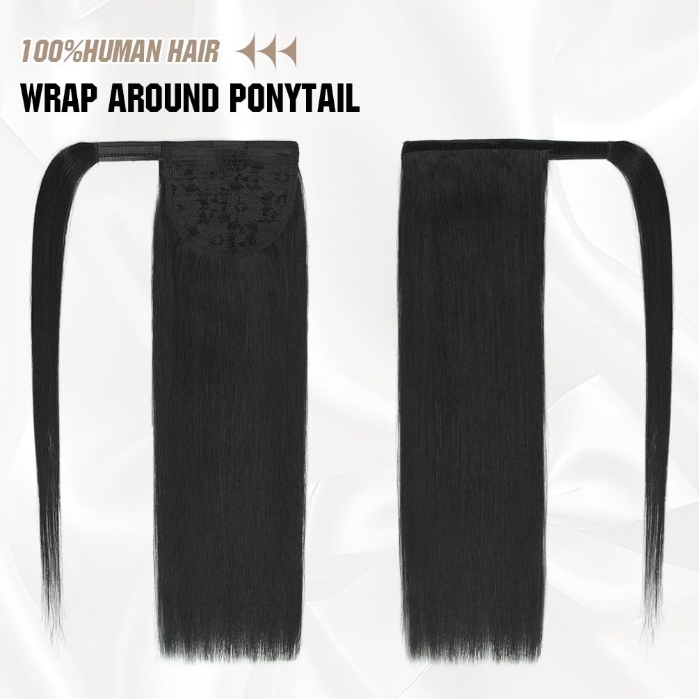 Amygirl Ponytail Extension Human Hair 18 Inch Natural Black Silky Straight Clip