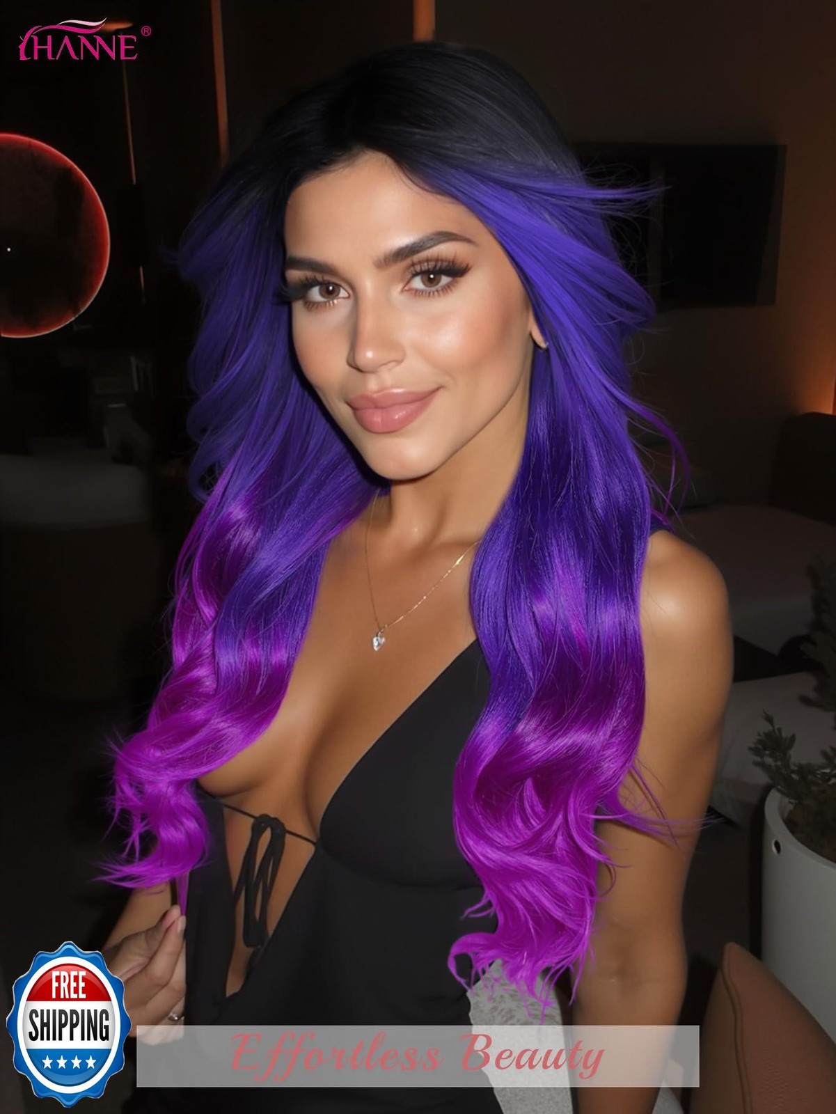 HANNE Ombre Purple Wig Rainbow 3 Tone Mermaid Purple Wigs Black to Blue to Pu