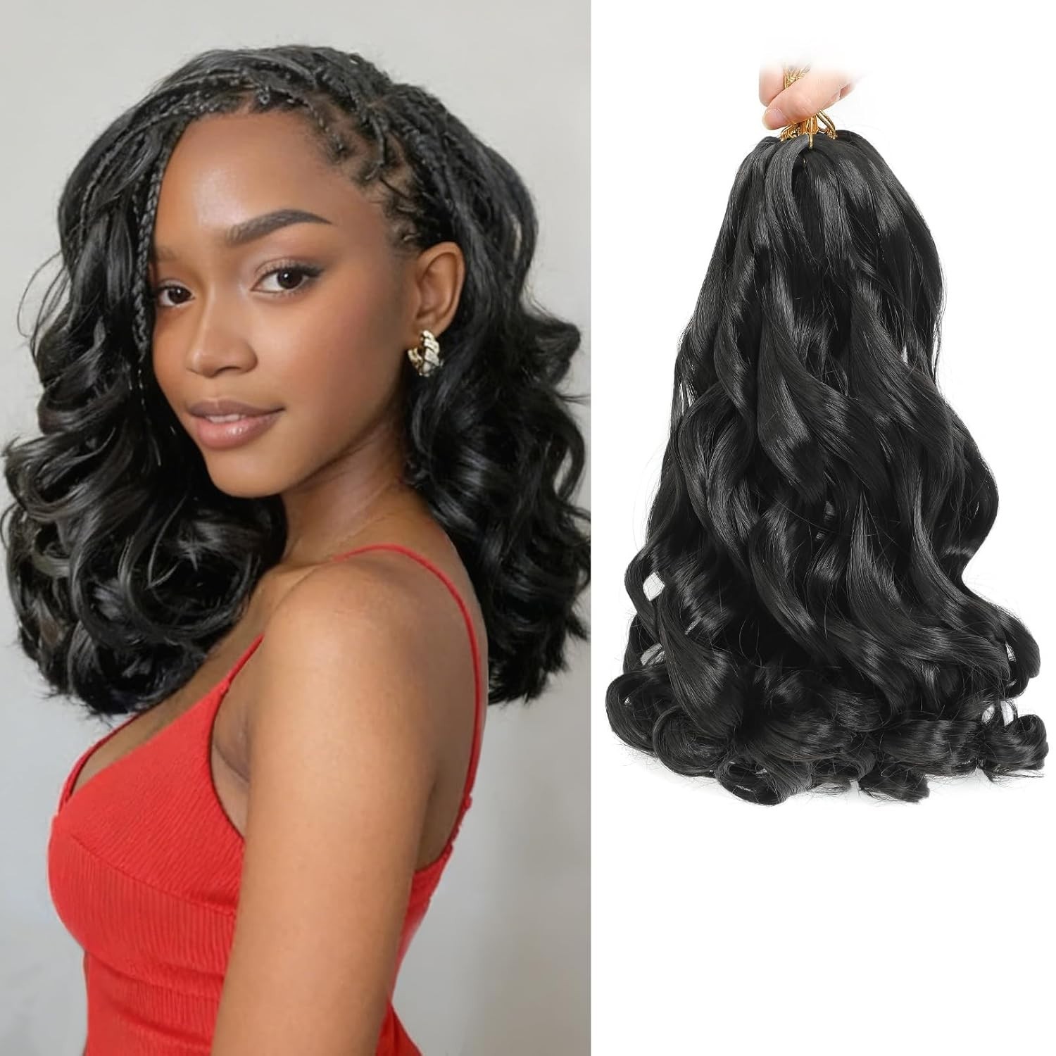 French Curl Braiding Hair 14” Natural Black – Pre-Stretched Curly Braids 8 Packs