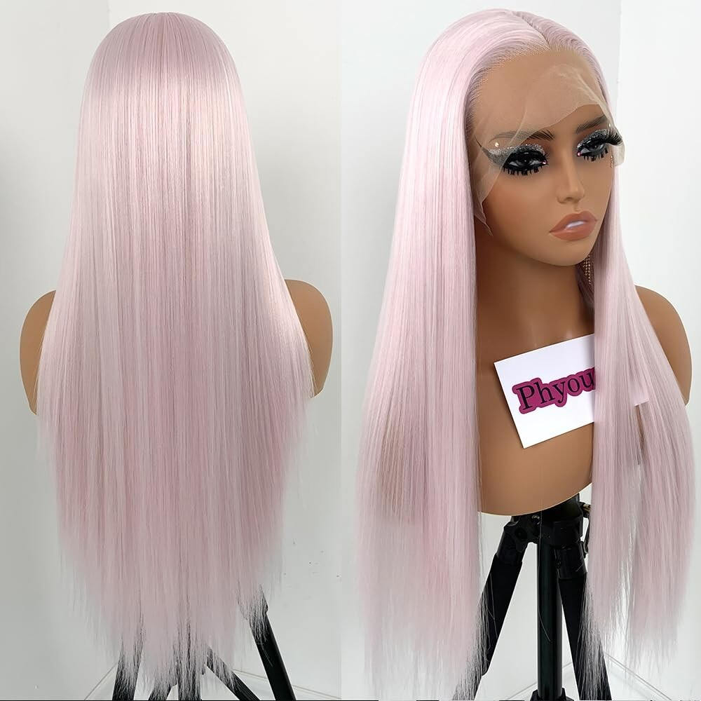 Ice Pink Synthetic Lace Front Wigs Long Straight Soft Hair Heat Resistant Women
