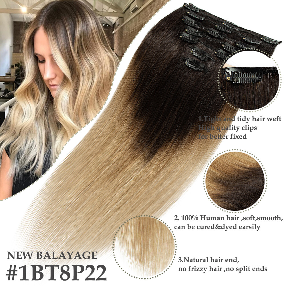 CLEARANCE 8pcs Clip In 100% Real Remy Human Hair Extensions Balayage Full Head