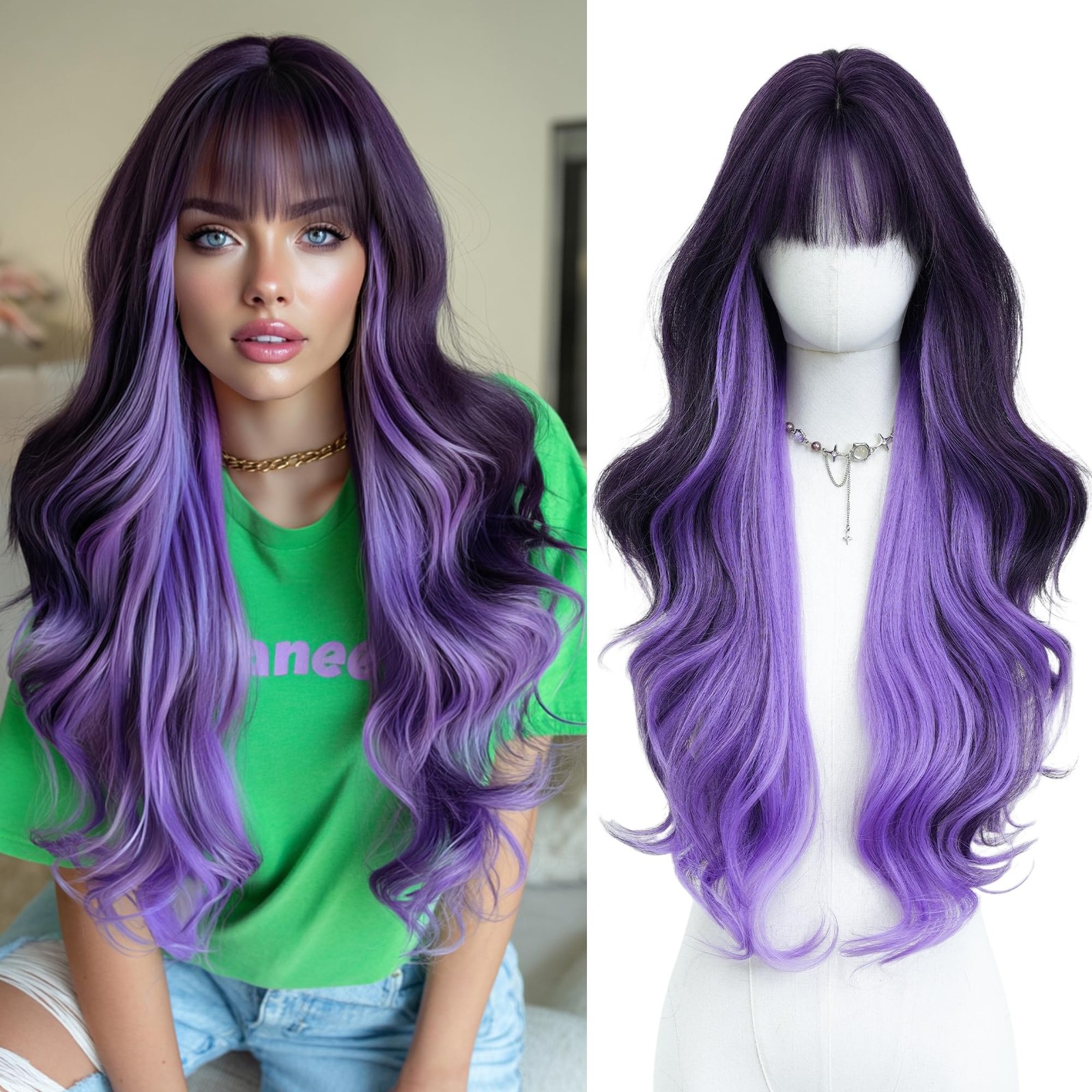 28 Inch Long Wavy Synthetic Wig with Bangs Dark Purple to Lavender Ombre Wig …