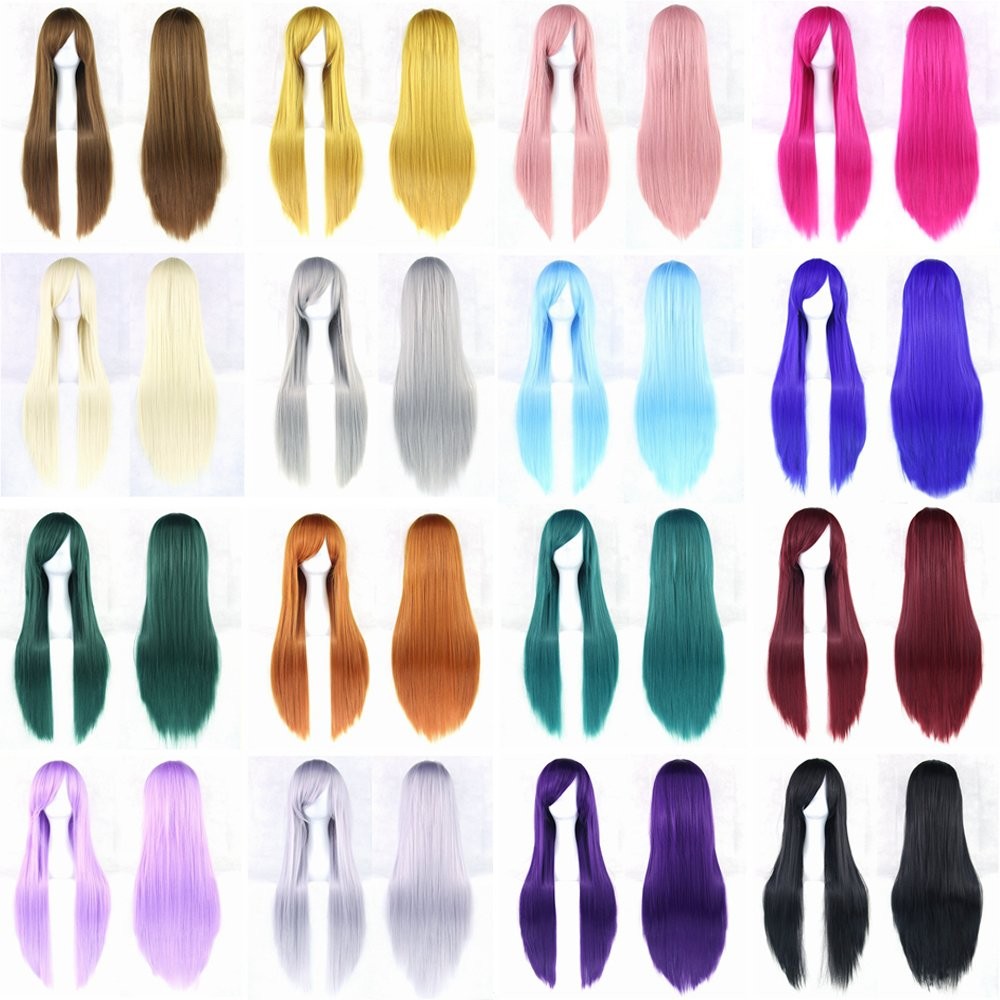 80cm Long Straight Natural Hair Cosplay Wigs with Bangs Colorful Halloween Co…