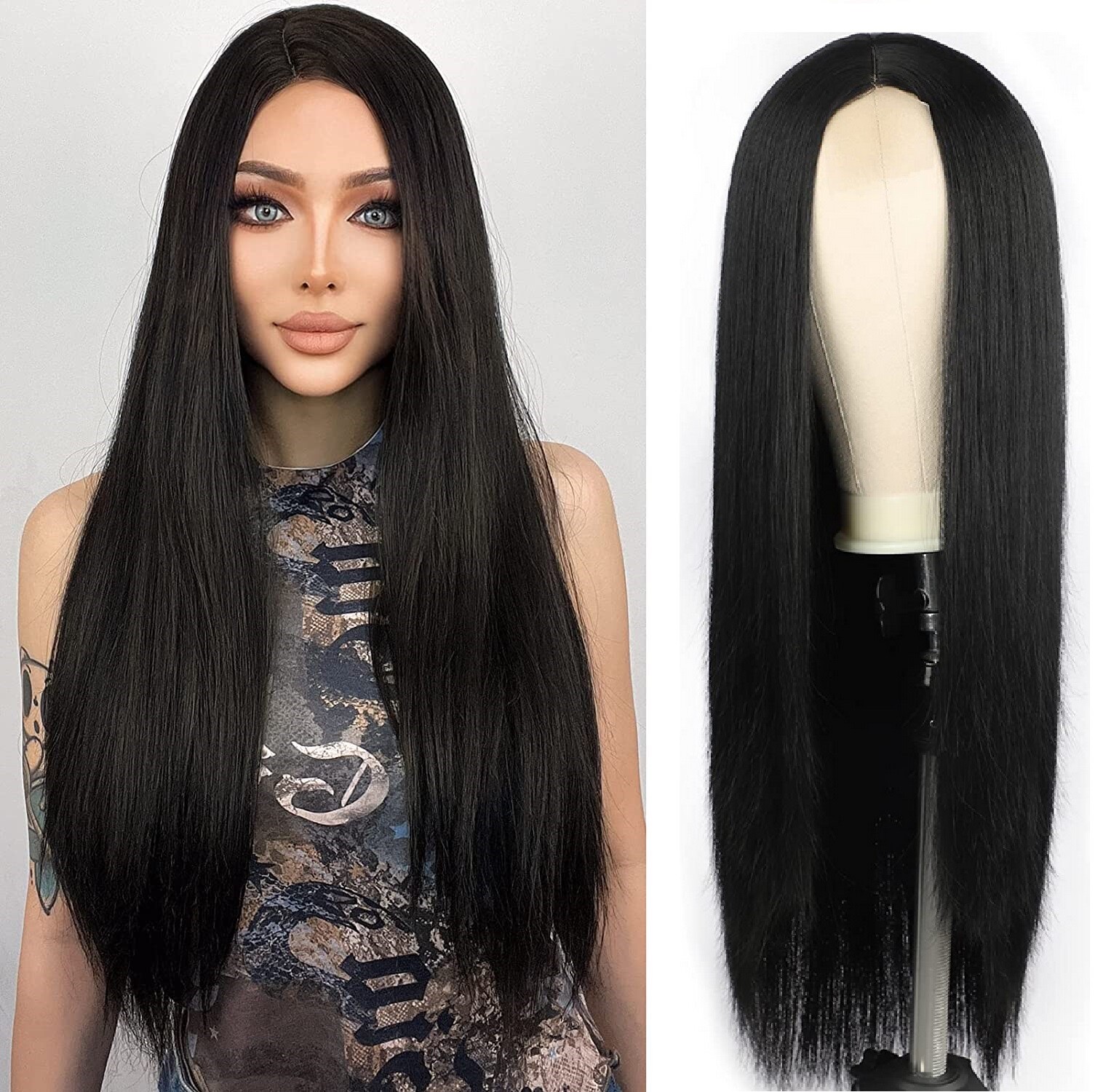 Looking Natural Black Long Straight Wig for Women Synthetic Fashion Daily Use