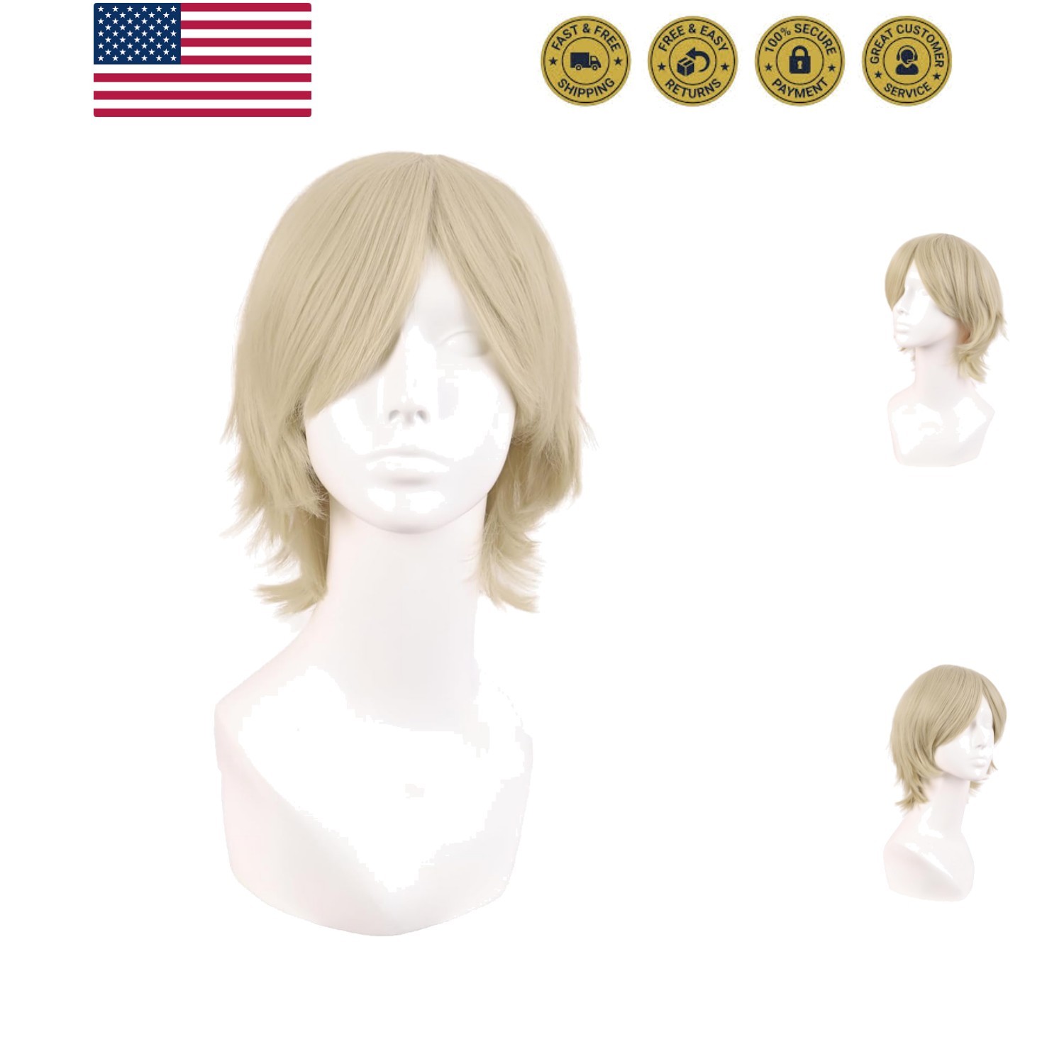 12 Inch/30 cm Men Women Short Straight Side Bangs Cosplay Costume Wig Blonde